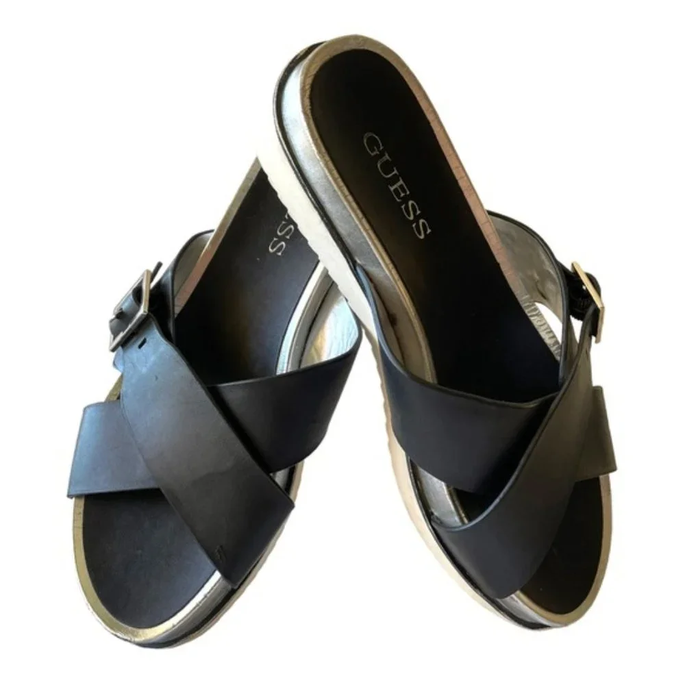 GUESS Women's Slip-on Deana Black, Sliver & White Leather Buckel Sandel Sz 9.5
